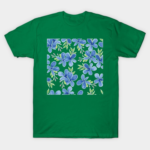 Blue Petal Flower Watercolor Pattern Gree Background T-Shirt by Isdinval